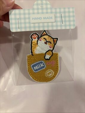 Kawaii Cat in Pocket Iron-On Patch — White & Orange Cat with Gold Pocket